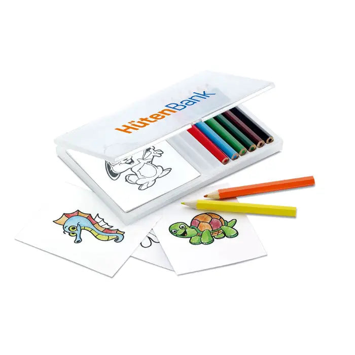 Set de colorat creion din lemn cu hüttenbank alb din plastic, creioane colorate și carduri cu animale ilustrați
