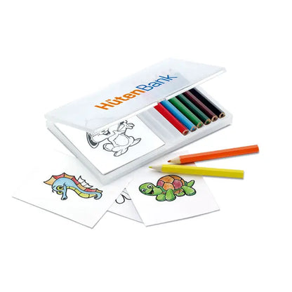 Set de colorat creion din lemn cu hüttenbank alb din plastic, creioane colorate și carduri cu animale ilustrați