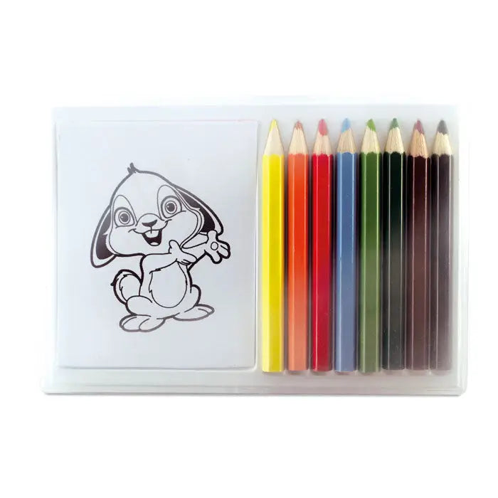 Set de colorat creion din lemn cu zece creioane colorate si o pagina de colorat alb-negru cu iepuras desen animat