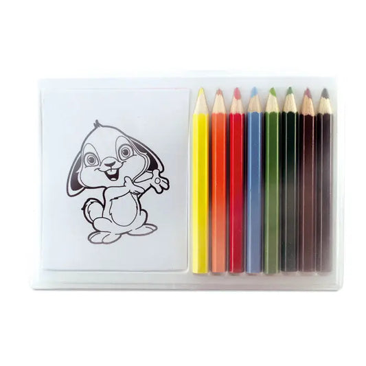 Set de colorat creion din lemn cu zece creioane colorate si o pagina de colorat alb-negru cu iepuras desen animat