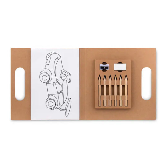 Set de colorat cu 6 creioane în cutie maro din carton cu desen alb-negru de mașină și creioane din lemn ascuțite