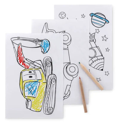 Set de colorat cu 6 creioane cu pagini de colorat un excavator galben si modele spatiale cu creioane din lemn