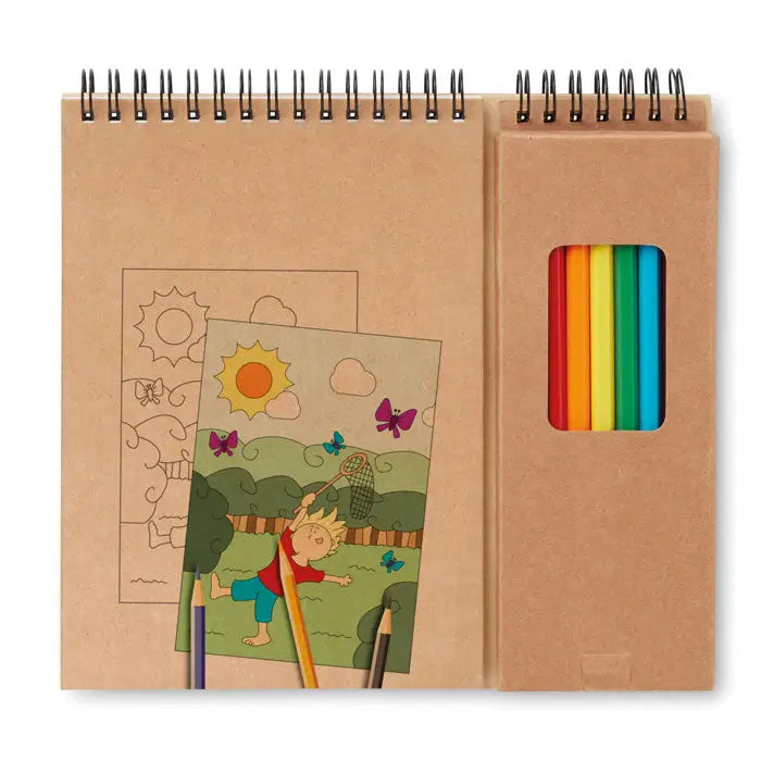Set de colorat cu bloc de note din hartie kraft maro si creioane colorate curcubeu in toc asortat