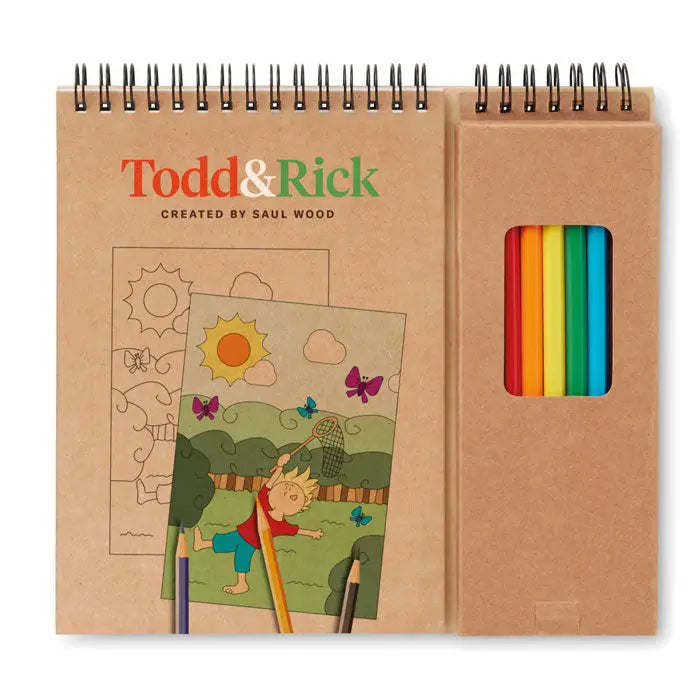 Set de colorat cu bloc de note todd rick spiralat cu coperta kraft si creioane colorate in culorile curcubeului