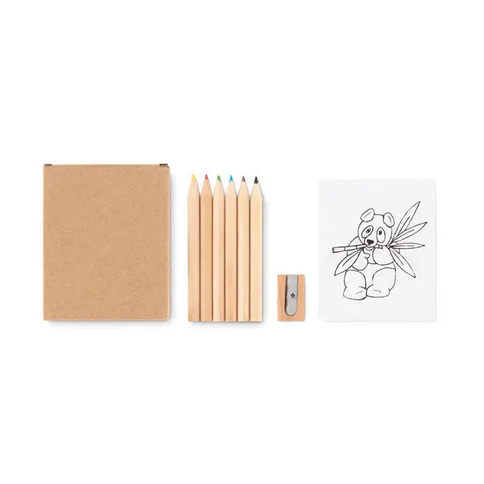 Set de colorat cu sase creioane colorate din lemn natural, ascutite, ascutitoare metalica si caiet kraft