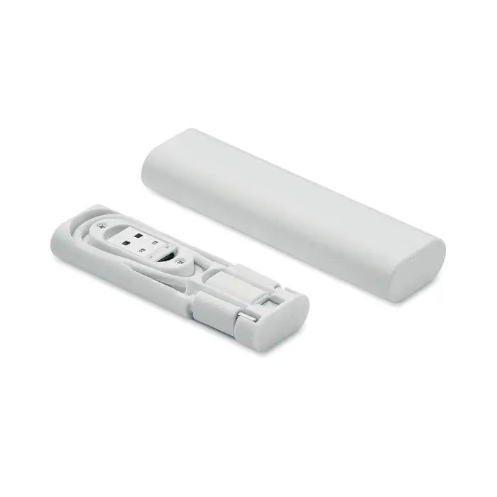 Power bank portabil alb din plastic cu port usb integrat si design compact pliabil set de conectori cablu 9 in 1