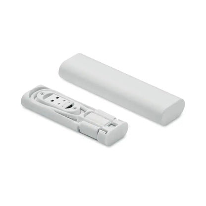 Power bank portabil alb din plastic cu port usb integrat si design compact pliabil set de conectori cablu 9 in 1