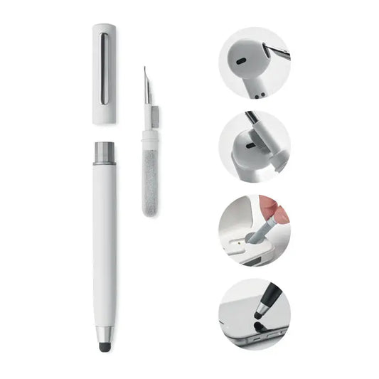 Set de curatare stilou tws alb cilindric cu accente argintii si varf negru pentru dispozitive touchscreen