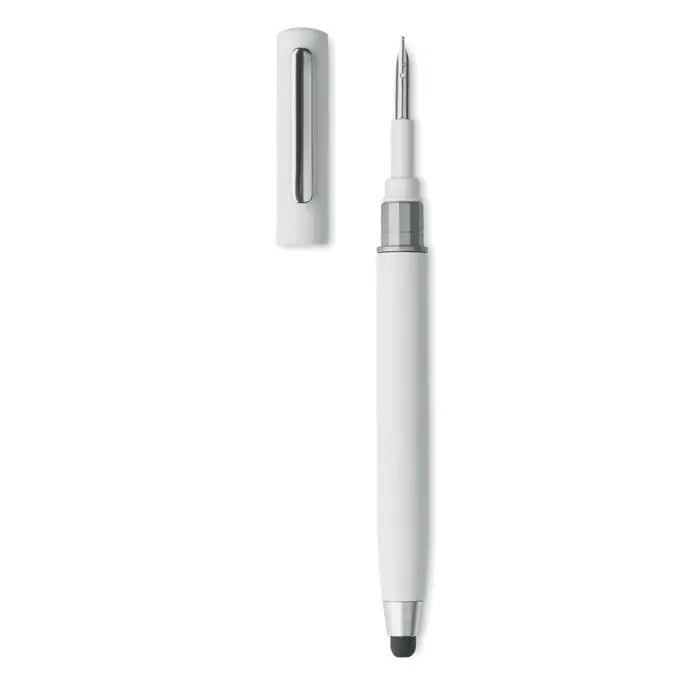 Set de curatare stilou tws cu stilou alb, design minimalist, accente argintii metalice si varf negru
