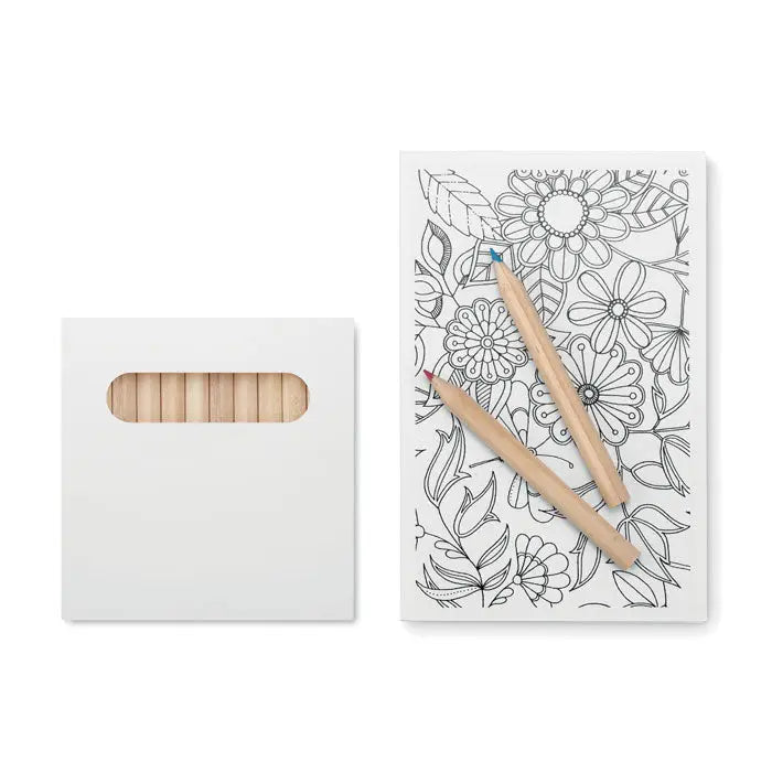 Set de desen pentru adulti cu cutie alba de carton si creioane colorate din lemn si carte de colorat cu flori intricate