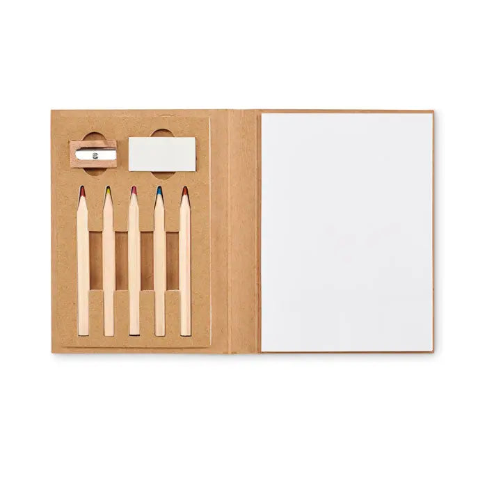 Set de desen pentru copii cu 60 de foi include trusa din carton bej cu cinci creioane colorate si ascutitoare mica