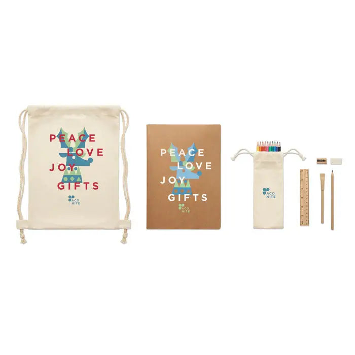 Set de desen pentru copii cu sac crem cu snur si grafic albin albastru si text rosu alb peace love joy gifts