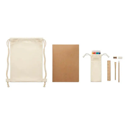 Set de desen pentru copii cu snur beige din panza cu snururi asortate si inchidere cu sfoara