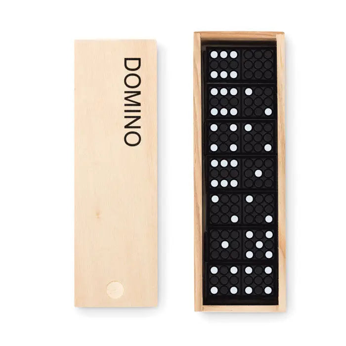 Set de domino cu piese negre si puncte albe aranjate intr-o cutie de lemn deschisă etichetată domino