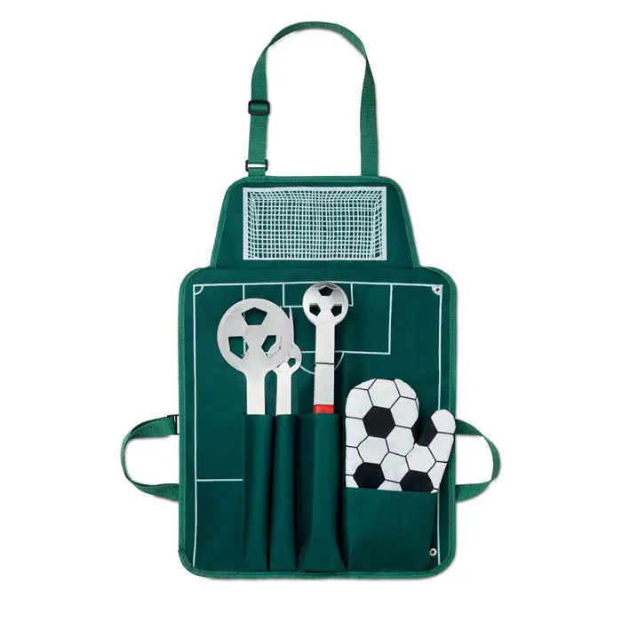 Set de gratar de fotbal verde cu sort de fotbal cu buzunare pentru unelte si manusa de cuptor cu model
