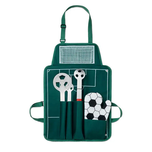 Set de gratar de fotbal verde cu sort de fotbal cu buzunare pentru unelte si manusa de cuptor cu model