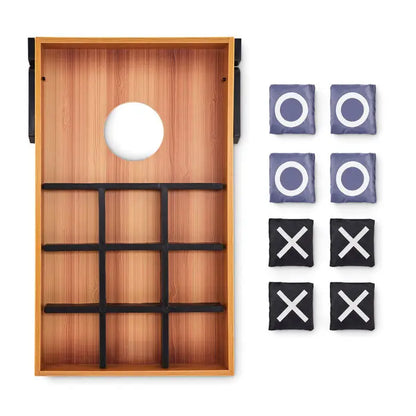 Set de joc mdf cu doua fete placa din lemn cu grila neagra si gaura circulara cu sase saculeti mov si negri