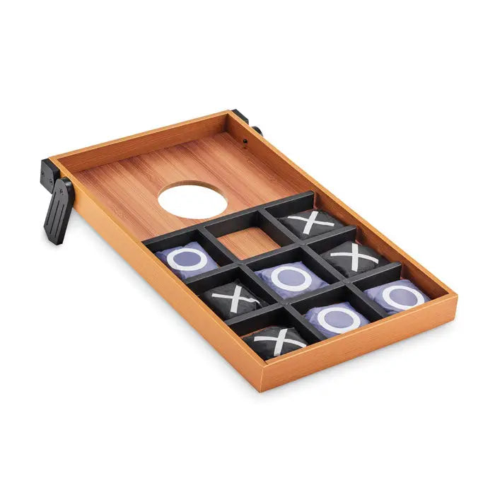 Set de joc mdf cu doua fete cu tabla de joc tic-tac-toe din lemn si markeri patrate negri si violet cu x si o albe