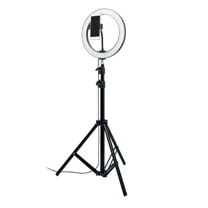 Set de lumini inelare led de 26 cm negru montat pe trepied cu suport pentru telefon si iluminare ajustabila