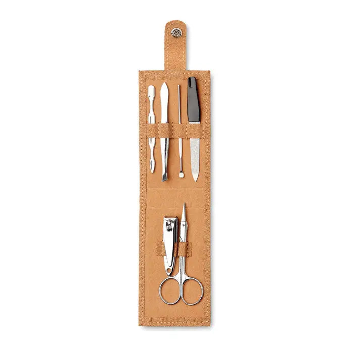 Set de manichiura cork 6 piese cu trusa din piele tan si unelte din otel inoxidabil pentru ingrijirea unghiilor
