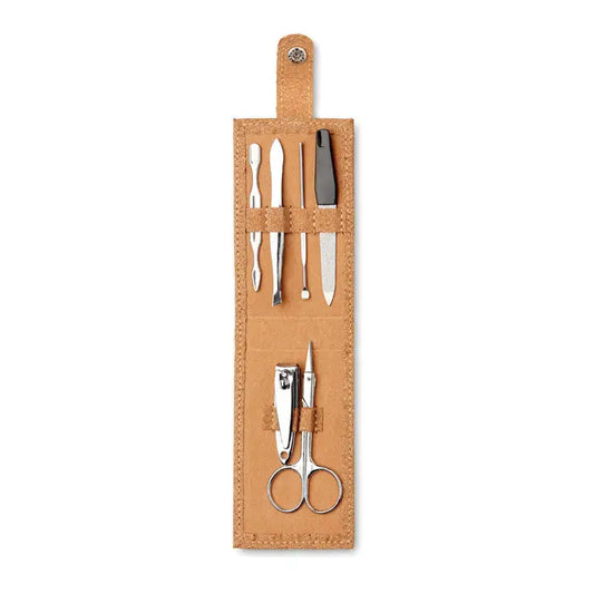 Set de manichiura cork 6 piese cu trusa din piele tan si unelte din otel inoxidabil pentru ingrijirea unghiilor
