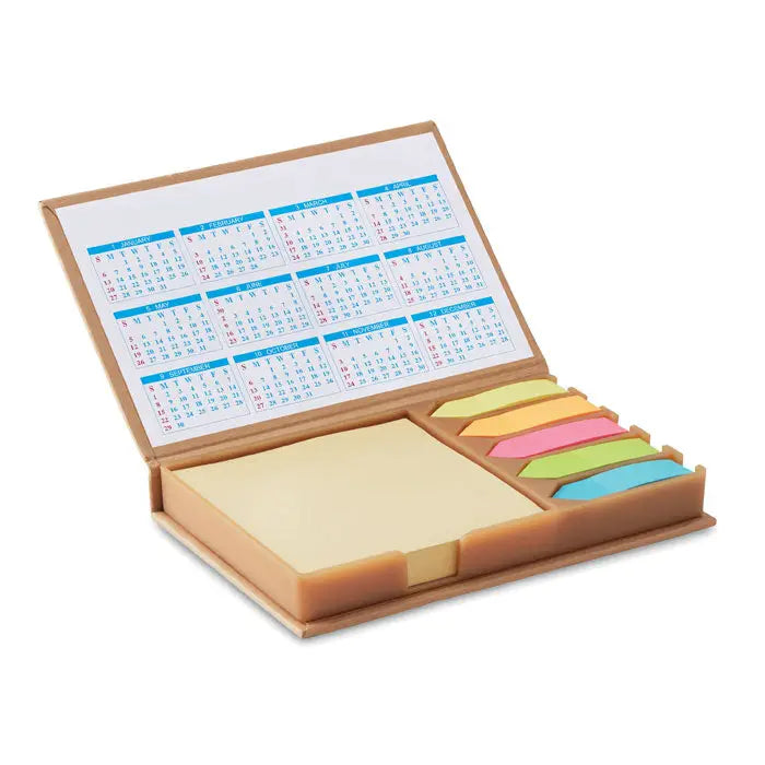 Set de note de birou din carton maro cu calendar integrat si notite lipicioase colorate