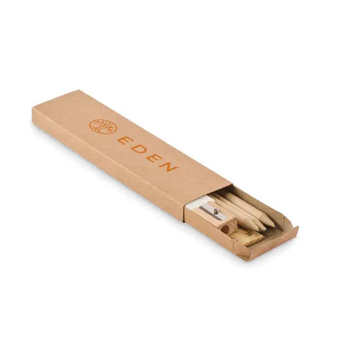 Set de papetarie eden cutie de hartie cu creioane din lemn si ascutitoare integrata maro