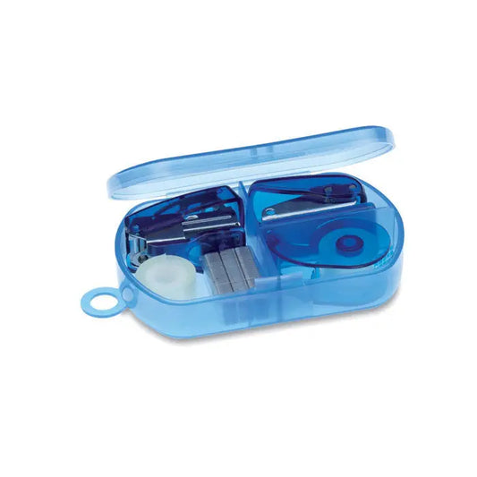 Set de papetarie in cutie de plastic albastru transparent cu capsator, capse si dispenser de banda adeziva