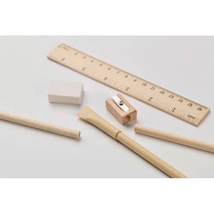 Set de papetarie tub de hartie cu creion din lemn deschis la culoare, finisaj natural neted si varf usor conic