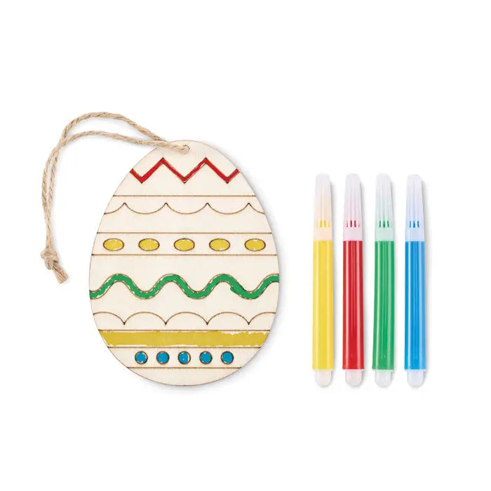 Set de pictura cu oua din lemn ornament din lemn pentru Paste cu modele rosii, verzi, galbene si albastre si snur natural