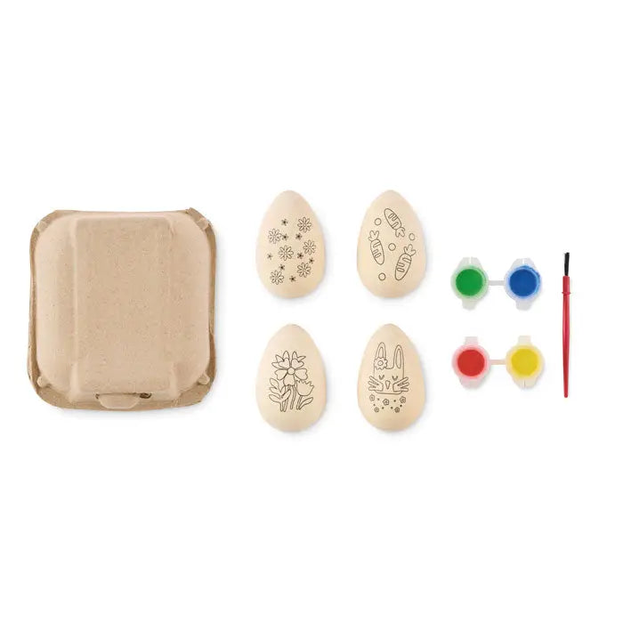 Set de pictura cu oua din lemn cu modele florale si iepuri, vopsele colorate si pensula incluse