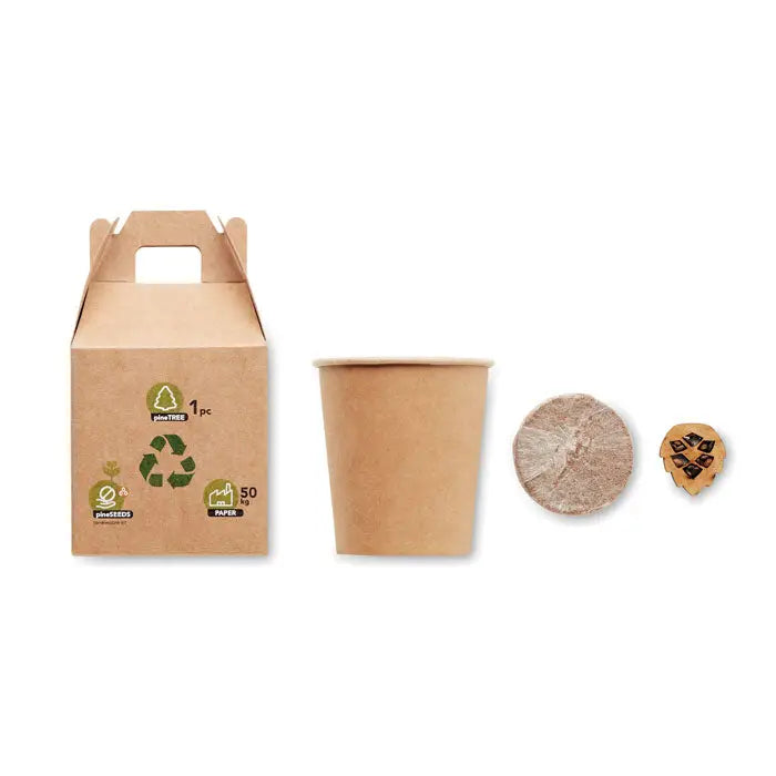 Set de pin cu kit de pornire pentru semințe din hârtie maro cu cutie de carton, pahar și două răsaduri circulare