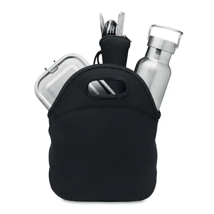 Set de pranz din otel inoxidabil cu sacosa neopren neagra si maner superior, tacamuri inox si sticla de apa
