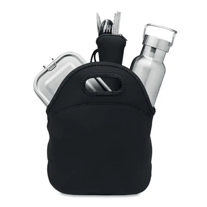 Set de pranz din otel inoxidabil cu sacosa neopren neagra si maner superior, tacamuri inox si sticla de apa
