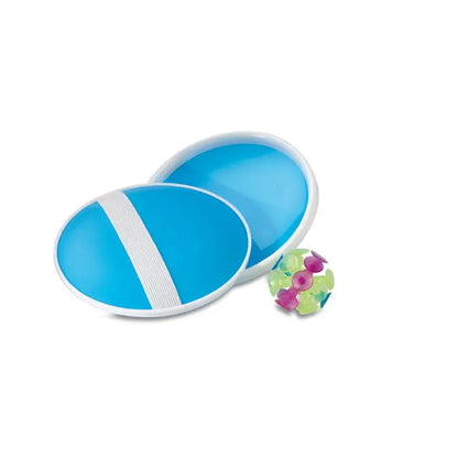 Set de prindere cu bile de aspiratie albastru oval cu dungi albe si bile de baie colorate florale