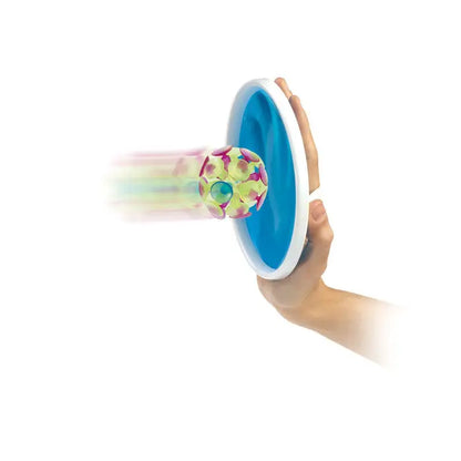 Set de prindere cu bile de aspiratie cu bila colorata si modelata cu orb verde central pe disc albastru si alb