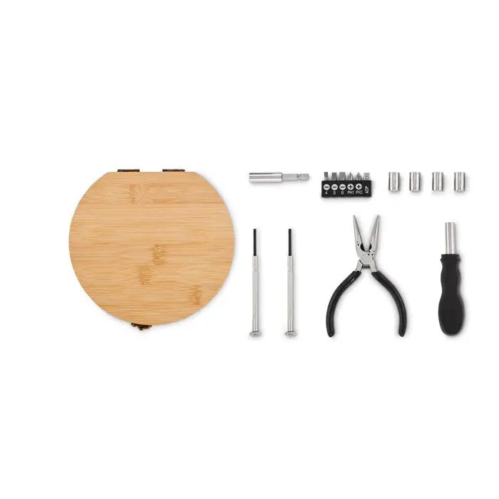 Set de scule de 15 piese in cutie rotunda din bambus care include surubelnite, clesti si truse de biti