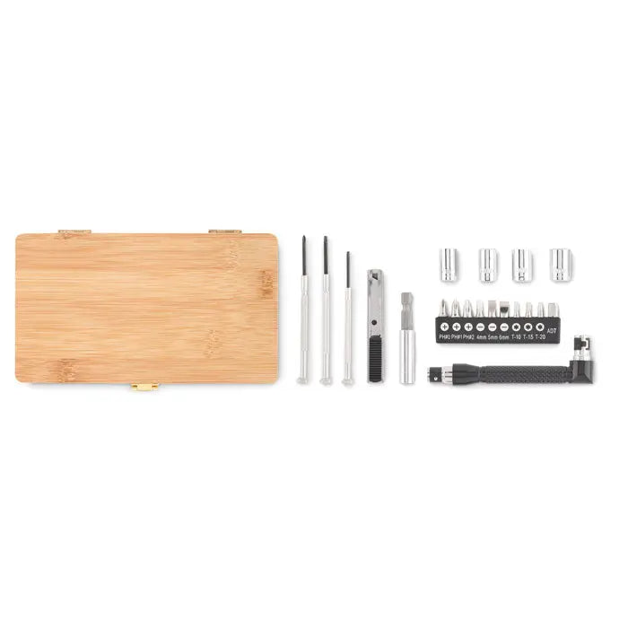 Set de scule de 21 buc cu carcasa din bambus si unelte cromate finisate minimalist si elegant