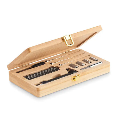 Set de scule de 21 buc in cutie de bambus deschis cu inchizatori metalice aurii si insertie neagra cu capete surubelnita