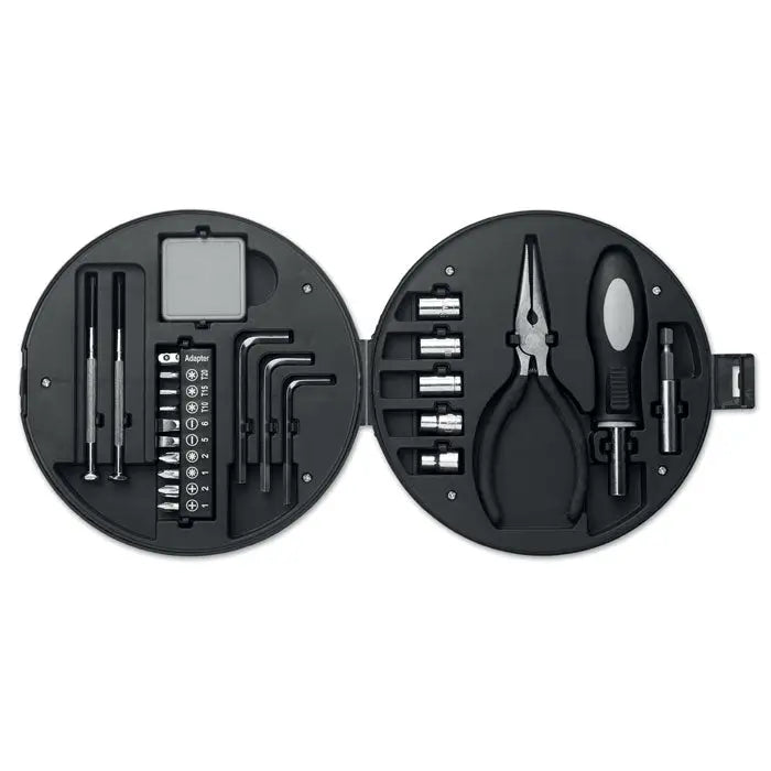 Set de scule din 25 de piese cu tub organizator negru rotund ce conține șurubelnițe, chei, clești și capete pentru chei