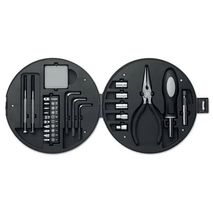 Set de scule din 25 de piese cu tub organizator negru rotund ce conține șurubelnițe, chei, clești și capete pentru chei