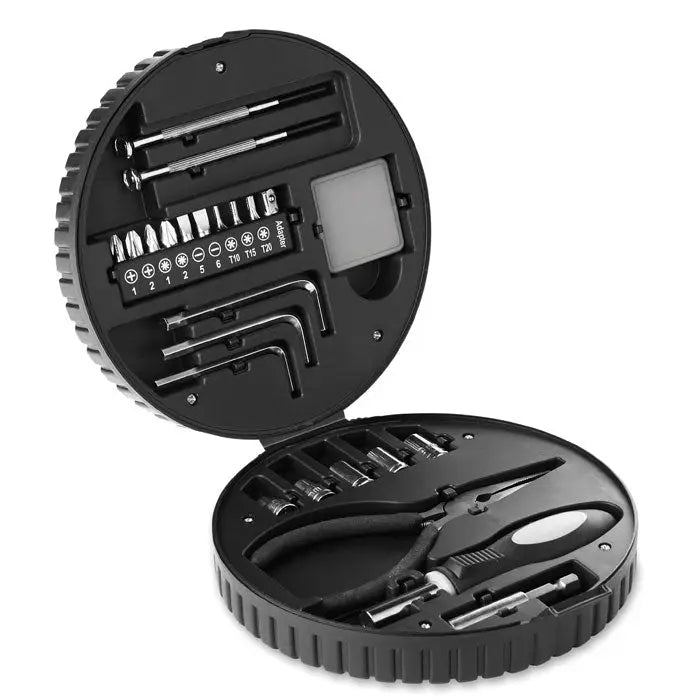Set de scule din 25 de piese cu organizator circular negru, cu surubelnite, biti, chei allen si clesti