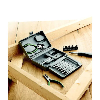 Set de scule pliabile din 25 de piese cu trusa neagra din plastic si clesti cu manere verzi si accesorii metalice diverse