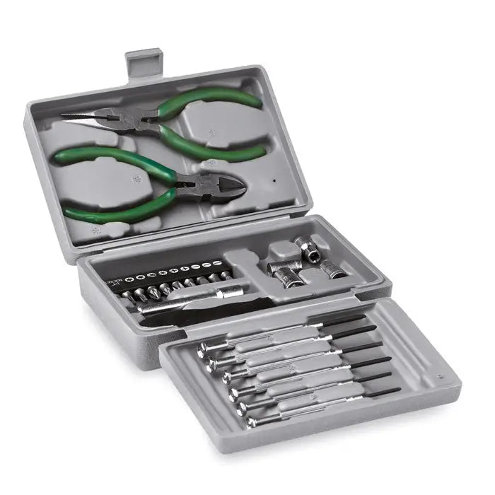 Set de scule pliabile din 25 de piese cu trusa gri din plastic organizata cu clesti verzi si surubelnite argintii