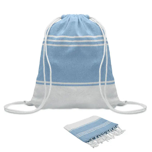 Set de snur pentru prosoape pentru hamam albastru deschis cu dungi albe si prosop din terry cloth cu franjuri
