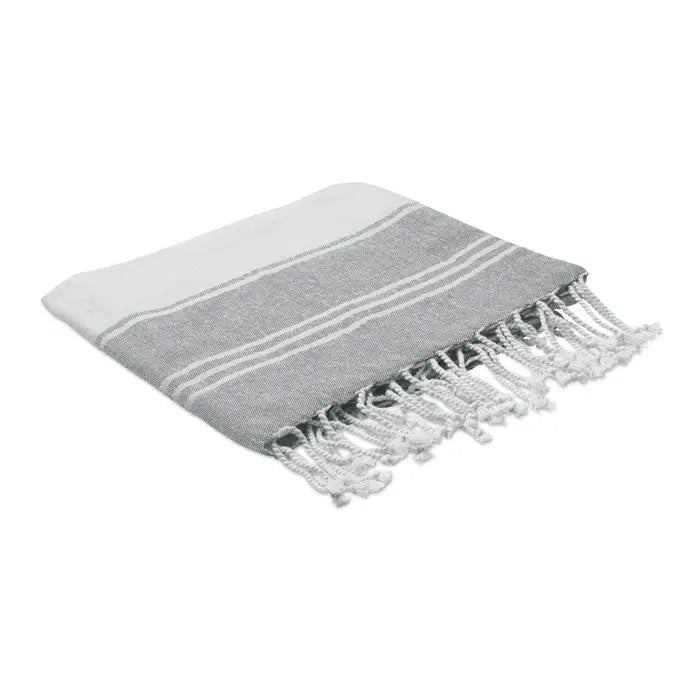 Set de snur pentru prosoape de hamam cu prosop turcesc gri și alb cu dungi, țesătură texturată și franjuri decorativi