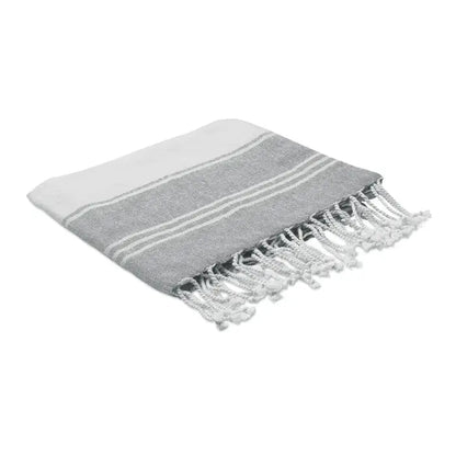 Set de snur pentru prosoape de hamam cu prosop turcesc gri și alb cu dungi, țesătură texturată și franjuri decorativi