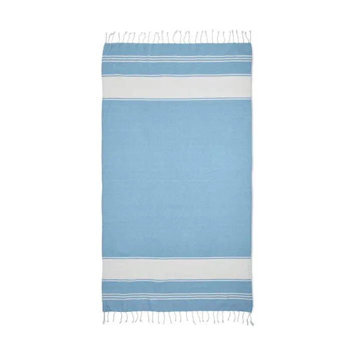 Set de snur pentru prosoape hamam cu prosop turcesc bleu deschis cu dungi albe si margini franjurate