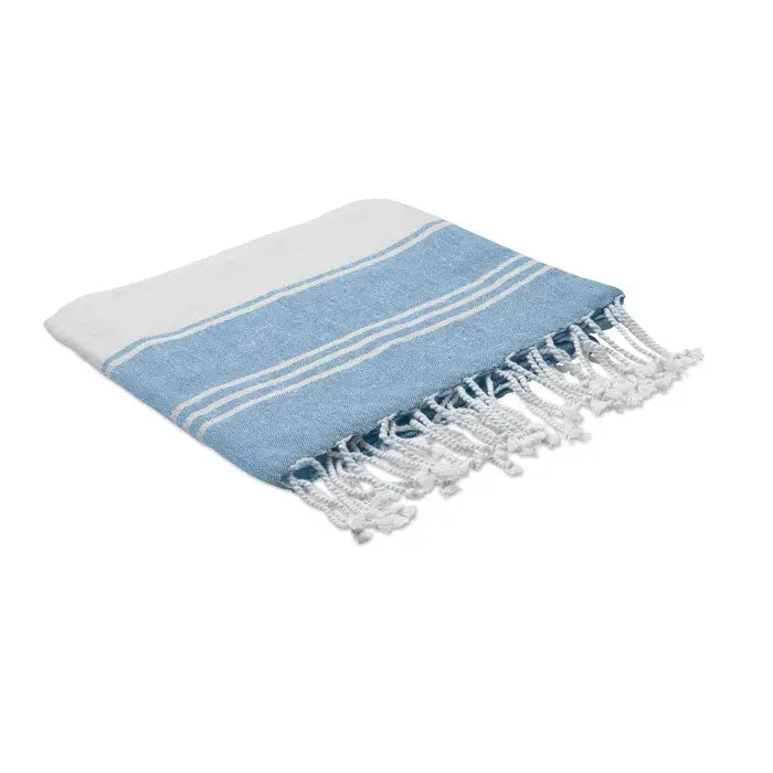 Set de snur pentru prosoape pentru hamam cu prosop turcesc albastru deschis si alb cu textura si franjuri