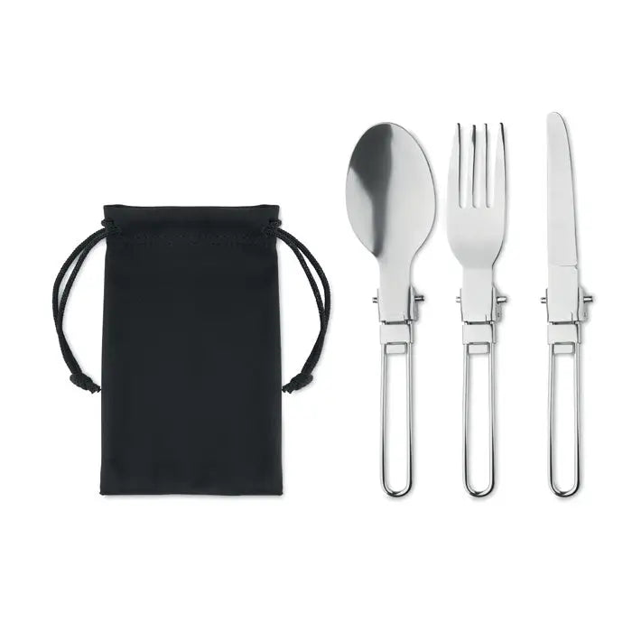 Set de tacamuri de camping din 3 piese pliabile argintii cu lingura furculita si cutit
